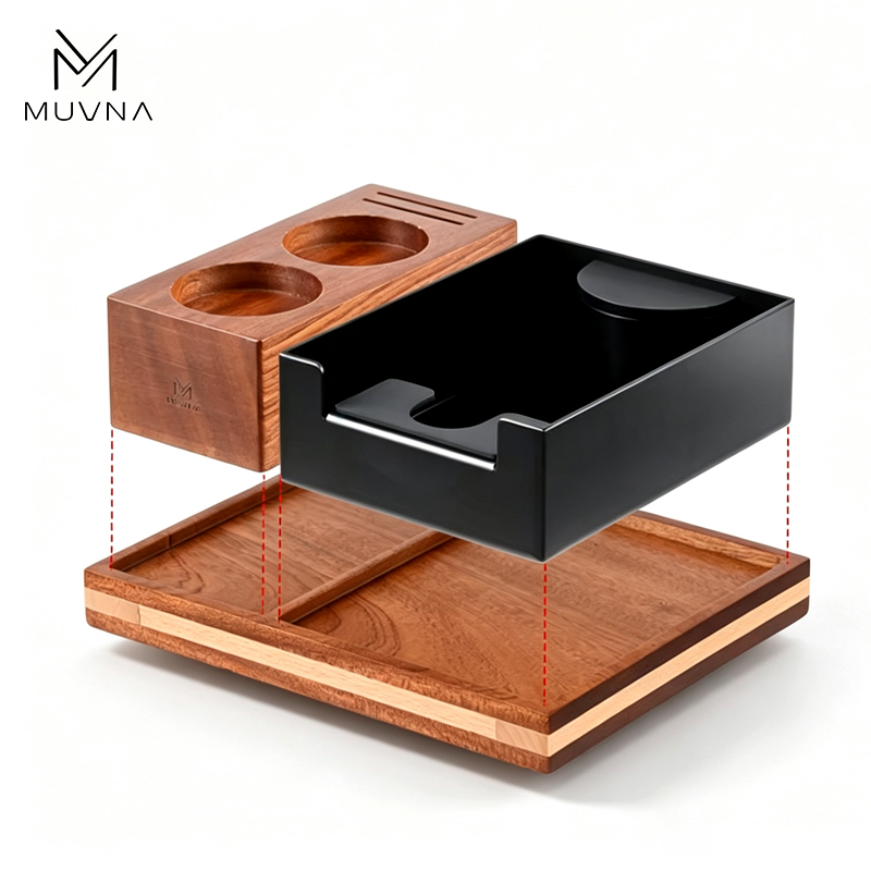 Espresso Tamper Station - MUVNA 3-in-1 koffietampingstation van massief hout,
